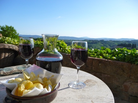 Wine and crisps on our back patio. Overlooking Tuscany.